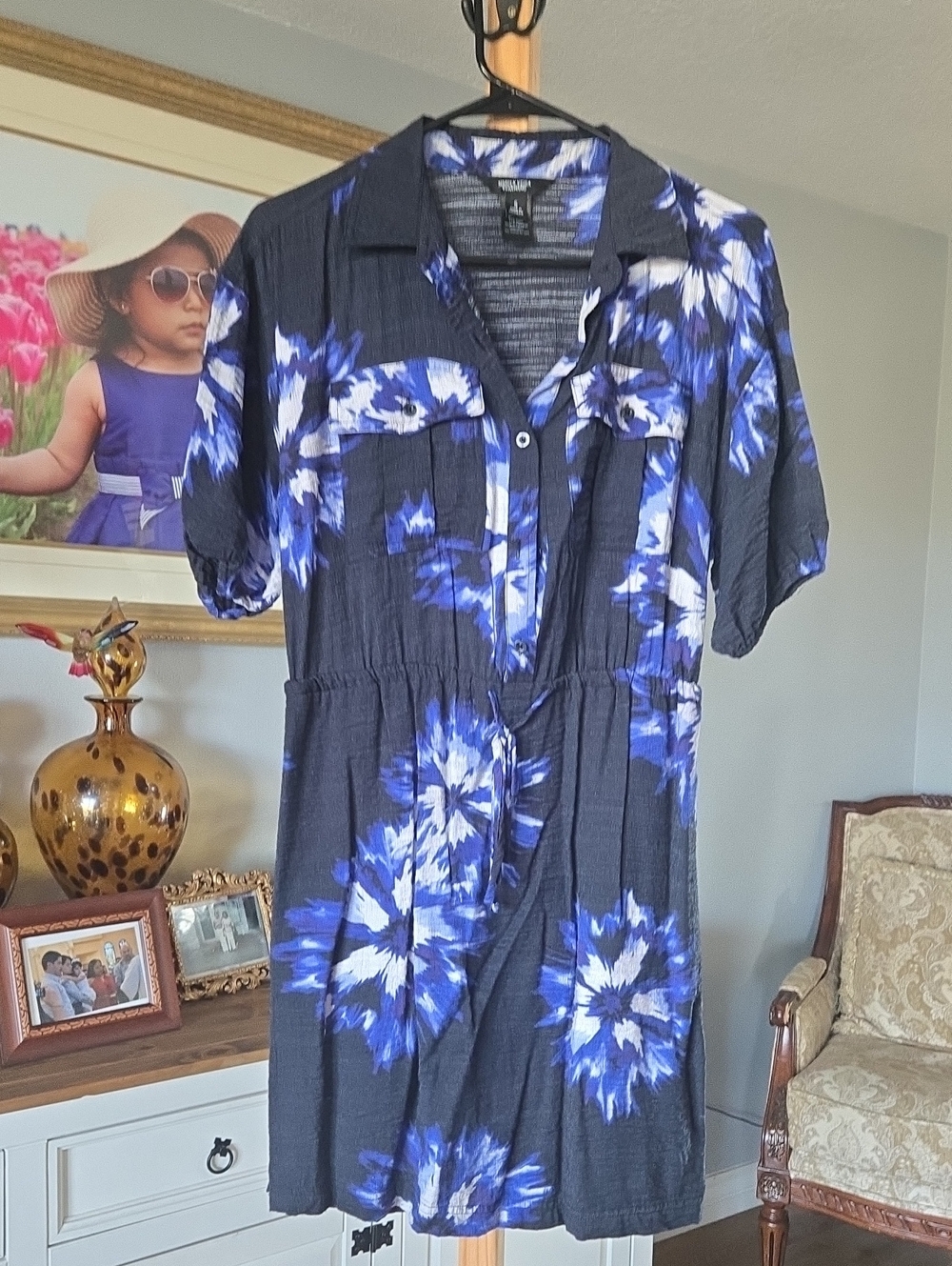 Vera Wang Navy and Blue Floral Button-Front Shirt Dress